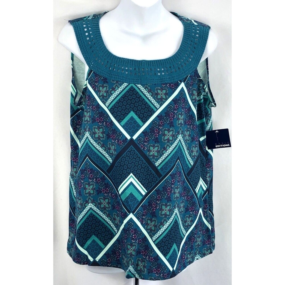 Psychedelic Tank Top S Teal Geo Floral crochet scoopneck Sleeveless Boho Hippie